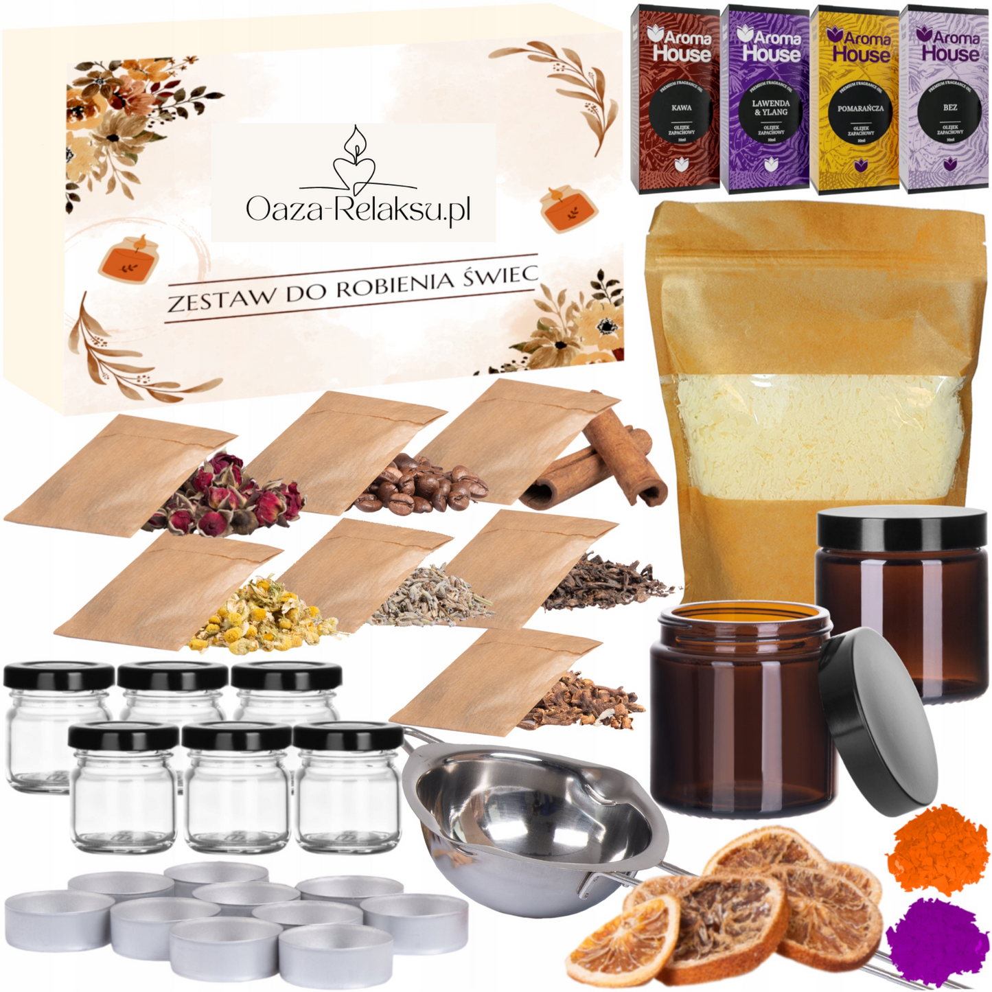 ZESTAW DO ZROBIENIA ŚWIEC SOJOWYCH XXL – Pomarańcza, Frezja, Drzewo Różane, Białe Kwiaty + 1Kg wosk Gratis!